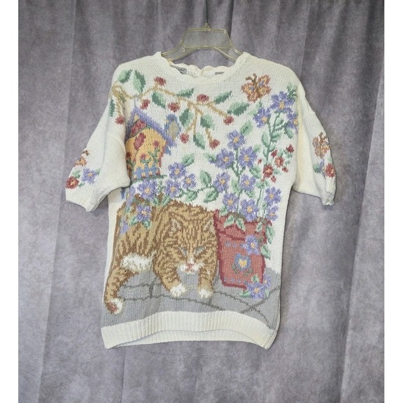 Northern Isles Sweaters - VTG Northern Isles Knitted By Hand Cat In The Garden All Over Print Size XL